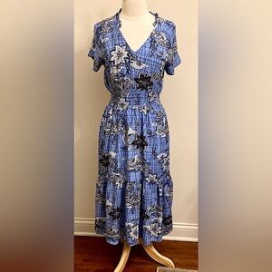 Lapis Blue Black Floral M Summer Goth Whimsical Boho Chic Smocked Tiered Dress